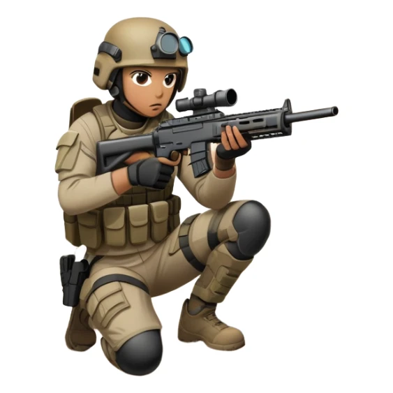 A skilled airsoft player in tactical gear, aiming a gun and shooting metal BBs in a desolate, ruined landscape. The setting is filled with broken walls and debris, creating a tense atmosphere of strategy and precision in a high-stakes tactical environment sticker