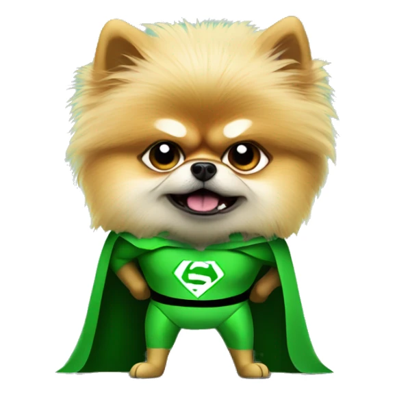 angry pomeranian in green superhero suit sticker
