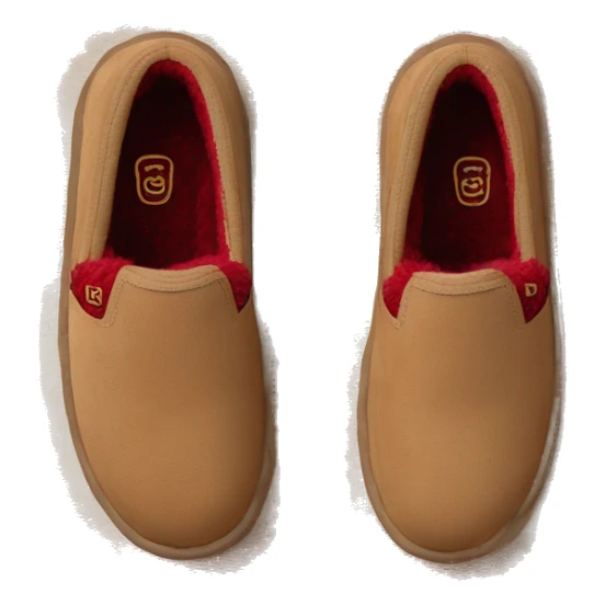 Camel color platform slip-on UGG slippers. thin red woven zig-zag trim line detail on the cuff sticker