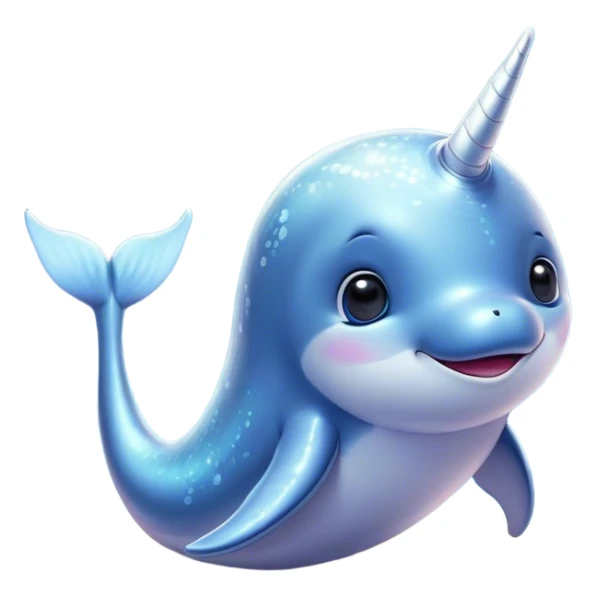 Cinematic Cute Narwhal Portrait Emoji, Head tilted playfully and inquisitively, with a glossy, shimmering body highlighted by its iconic tusk and sparkling eyes filled with wonder, Simplified yet irresistibly adorable features, highly detailed, glowing with a warm, friendly glow, high shine, affectionate and lively, stylized with a touch of whimsical charm, bright and endearing, soft glowing outline, capturing the essence of a mischievous marine marvel that feels like it could frolic out of the screen into your heart! sticker