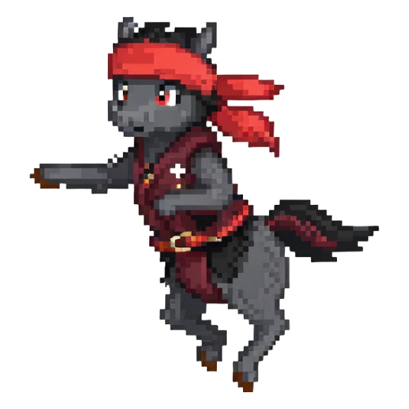 Ninja horse jumping in action, red headband, black outfit sticker