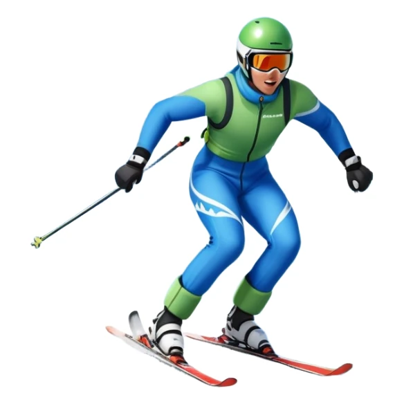 An icon featuring snowy peaks, pine trees, and a picturesque mountain landscape with a skier racing down a snow-covered slope, The sky is blue with soft clouds, capturing the thrill and beauty of alpine skiing. Transparent background highlights the excitement and serenity of winter sports. sticker