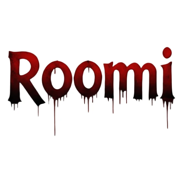 Dark horror cinematic wallpaper foggy grey and charcoal background with subtle pale light from top-left,  cinematic grain and vignette, scattered floating dust particles , centered bold text "ROJONI" in distressed horror font with faint red smear and inner shadow, moody  sticker