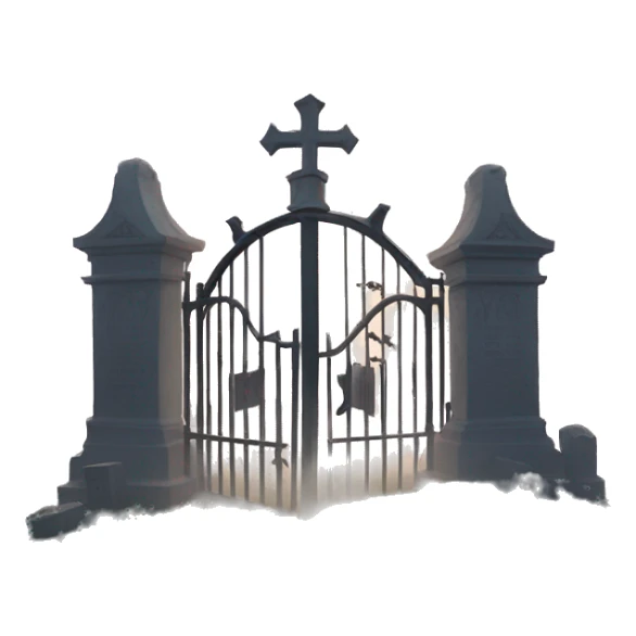 Haunting pig tombstone graveyard gate at noon, light fog sticker