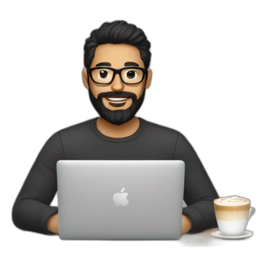 Designer with black hair, beard and glasses working with MacBook and drinking cappuccino  sticker