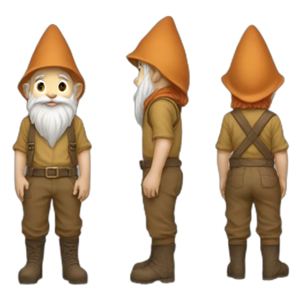 side view of gnome with light tan pants and boots squatting on top of small brown mud sticker