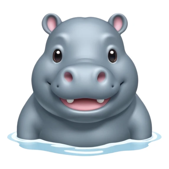 A 3D cartoon hippopotamus half-submerged in water, smiling gently, soft lighting, rounded body and glossy texture, cute Memoji-style look.Full body. sticker