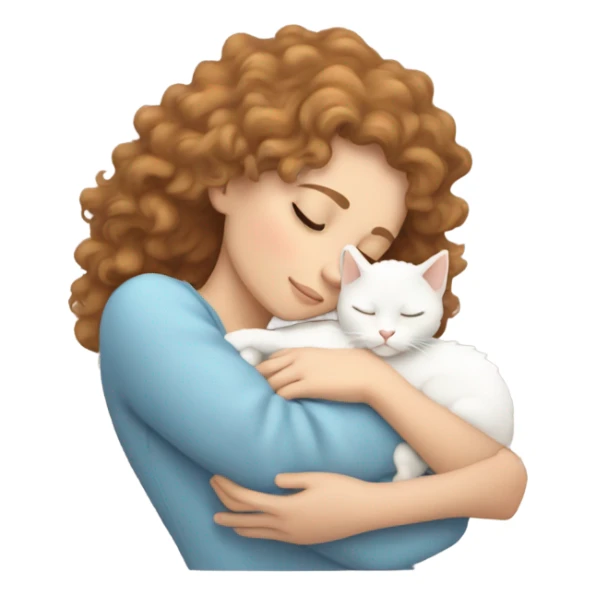 White girl light brown curly hair sleeping with white kitty sticker