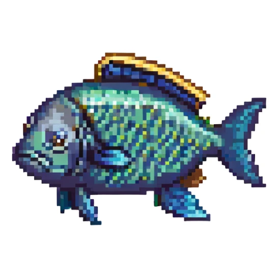 a fish dressed as Batman, pixel art style sticker