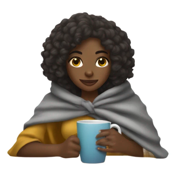 Black girl with shoulder length curly hair drinking from a mug while wrapped in a poncho sticker