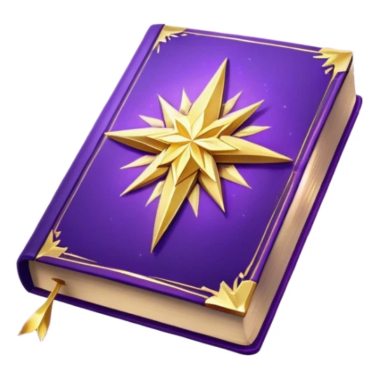 A **violet, glowing book** with **golden edges**, floating with **sparkles and magical wisps** around it. The cover features a **golden starburst sigil**, symbolizing charm and radiance. ✨📖 sticker