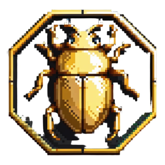 A golden hexagonal badge with a detailed beetle in the center, Discord bug hunter inspired sticker