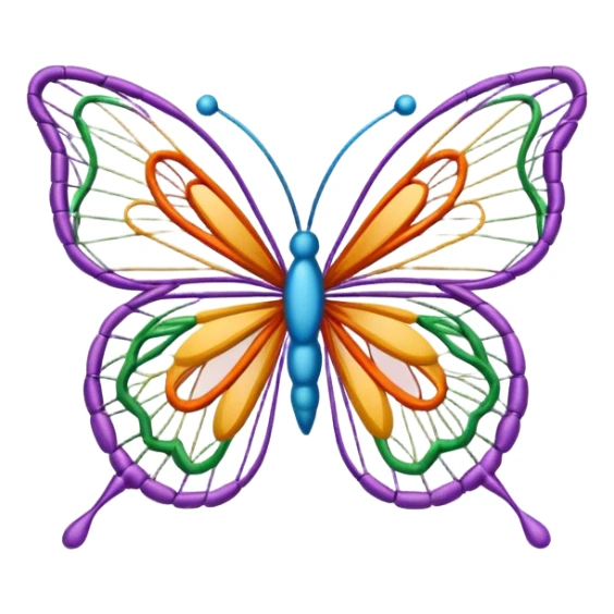 icon for String art, colorful butterfly made with threads, body of the butterfly with visible thread ball structure, wings formed by intricate thread patterns, minimalistic style, clean lines, transparent background. sticker