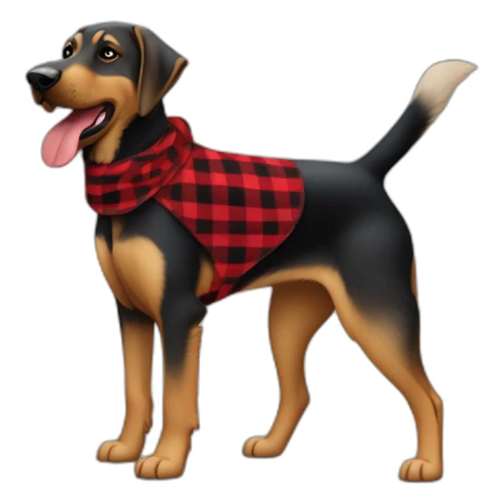 75% Coonhound 25% German Shepherd mix dog wearing small pointed red buffalo plaid bandana pointing down side view full body facing left sticker