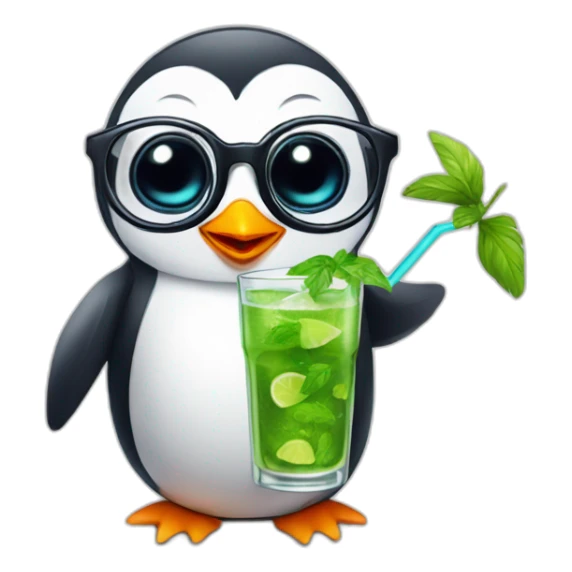 baby penguin with big glasses drinking mojito sticker
