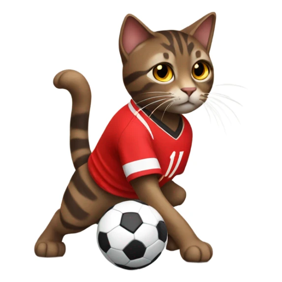 dark brown tabby cat playing soccer in a red soccer jersey sticker