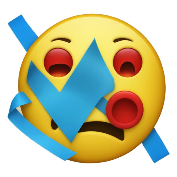 an upside down yellow smiley face with a red outline and a blue smile, the eyes are covered with blue tape sticker