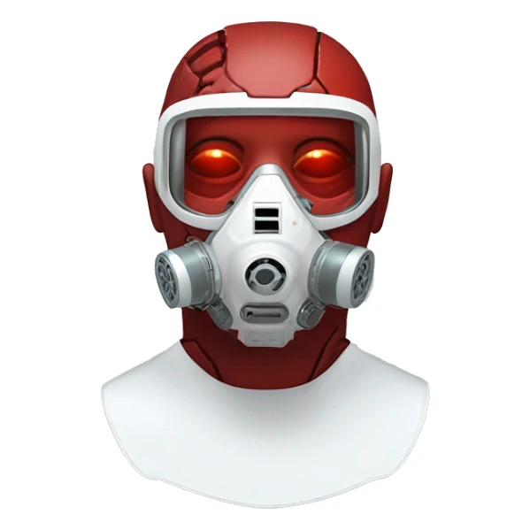 Red skin cyborg head with white respirator mask and circuitry sticker