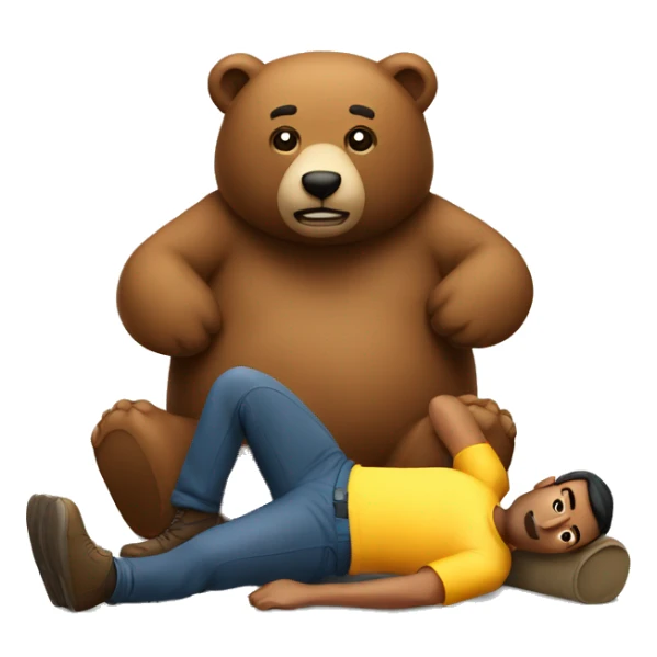 A man lying flat on the ground with a bear sitting on top of him sticker