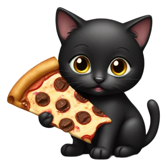 A black kitten eating a slice of chocolate pizza sticker