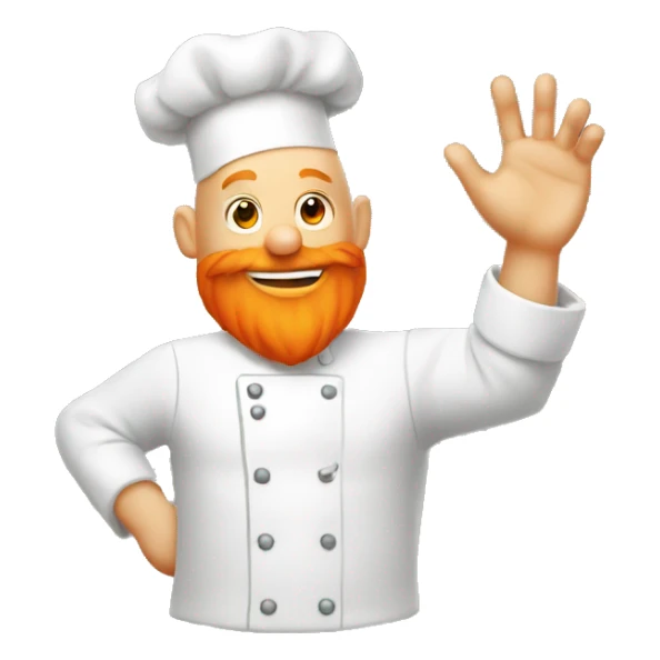 Bald man with a big orange beard dressed as a chef raises his hand in the air sticker