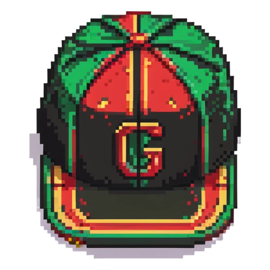 pixel art Gucci cap with green and red stripes and gold accent sticker