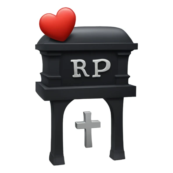 a black grave with the letters RIP on a silver heart sticker