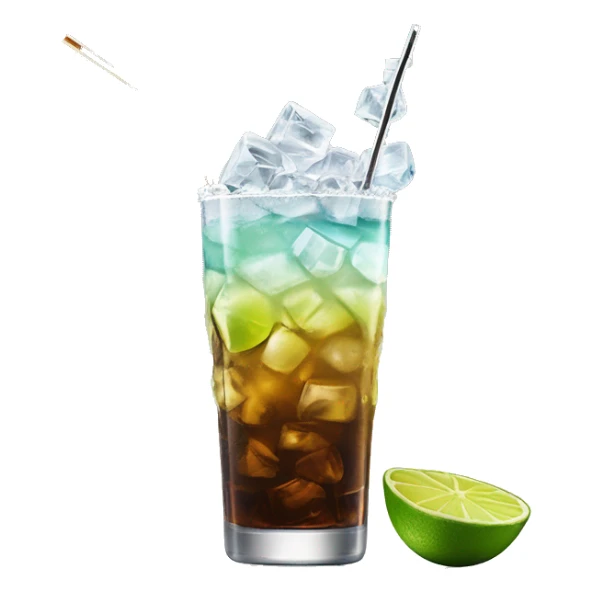 a tall and thin highball cocktail with 2 colors, brown on the bottom and light yellow on top with crush ice and a straw, juste one drink, clear separation between colors, grated lime on top of ice, really thin crushed ice sticker