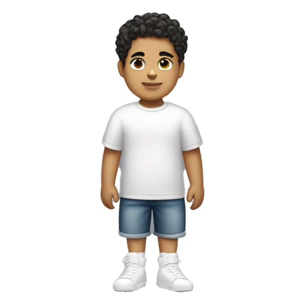 Full body young Hispanic boy that is extremely short and fat with a low taper fade with curly hair and is wearing a t shirt and white air forces  sticker