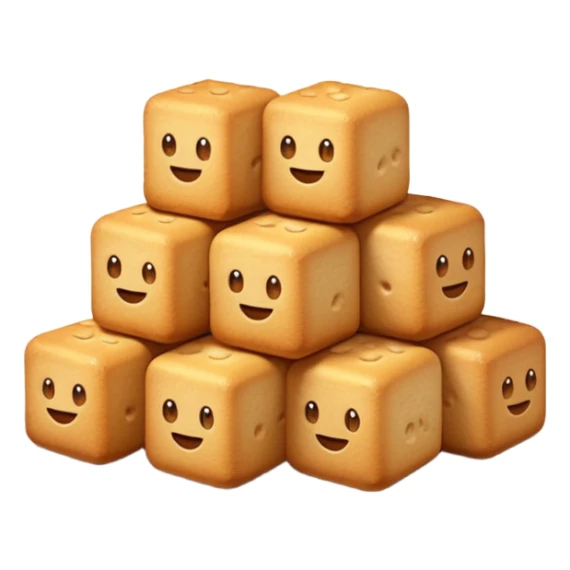 5 small croutons, golden-brown, stacked or scattered, crispy, textured, warm gradient, 3D, clean, softly lit, gentle shadows, transparent background, emoji scale sticker