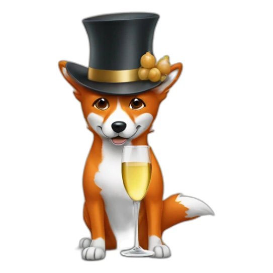 Dog looking like Fox drinking white wine wearing high hat sticker