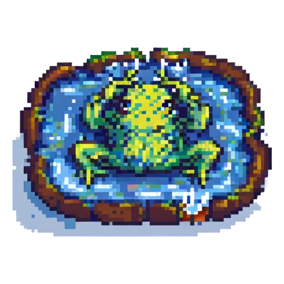 a sad frog in pixel art style, melting into a puddle sticker