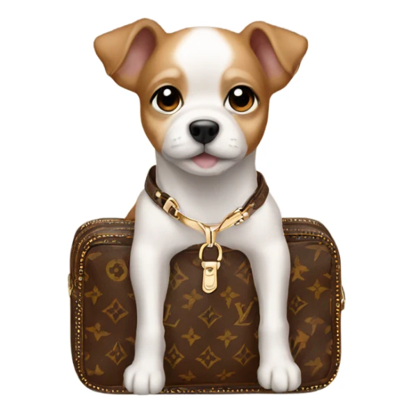 Small dog in a Louis Vuitton carrying bag sticker