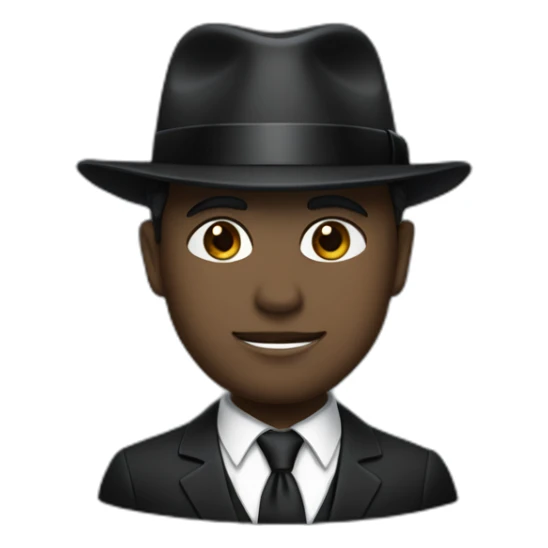 Man with cobalt black/grey skin wearing a black formal suit with a black tie, wearing a fedora with a white band on it. sticker