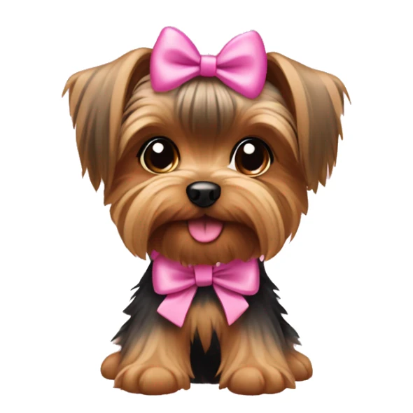 Brown yorkie puppy wearing a pink bow sticker