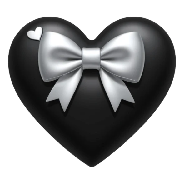 glossy plush black heart with a silver bow and heart pattern on the bow sticker