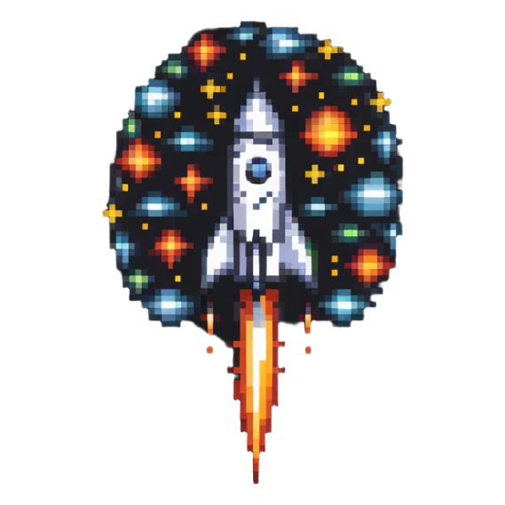 A retro pixel art style space rocket with bright colors and stars around it sticker