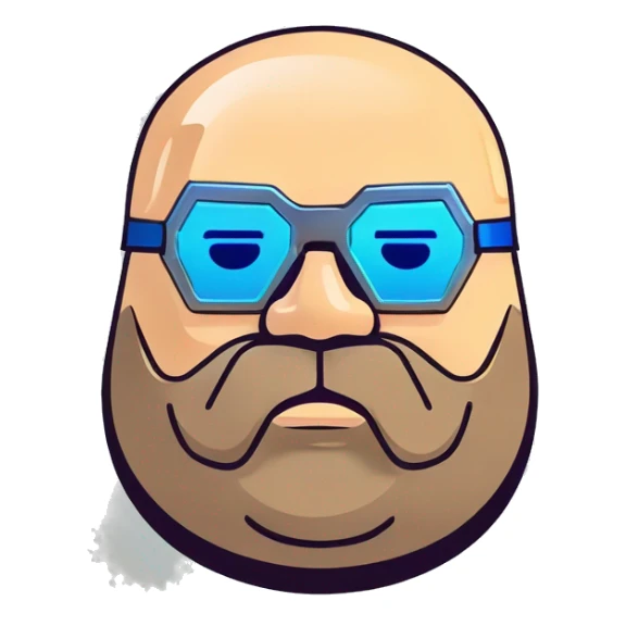 Bearded Fat bald cyborg head with tan skin, blue goggles and circuits sticker