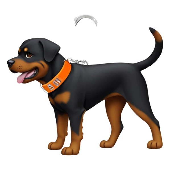 Rottweiler dog wearing a orange collar with a key chain that says “Diesel” sticker
