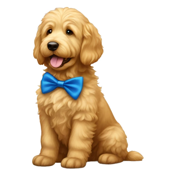Golden doodle who’s more golden retriever with a blue bow tie sticker