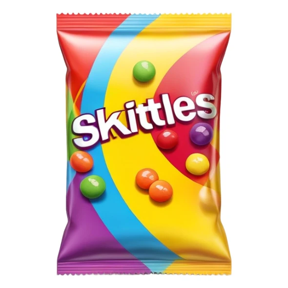 A Skittles candy package with clear adhesive tape wrapped around it, colorful rainbow packaging, minimalist design, sealed with scotch tape sticker