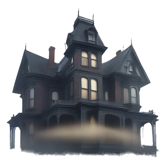 Fantastic Wide full view, A very roomy ramshackle Victorian Addams’s mansion looms through light fog at noon  sticker