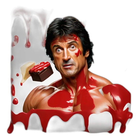Sylvester Stallone Rambo covered in red paint eating chocolate in a primary school sticker