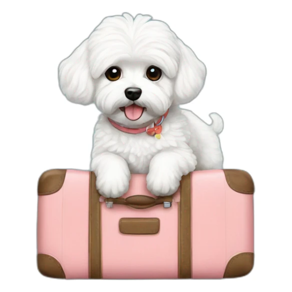 white maltipoo with Hawaiian luggage sticker