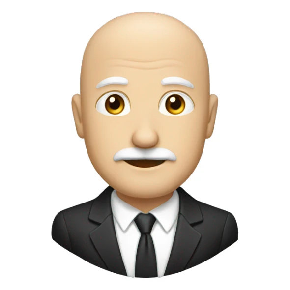 Mature, bald, white man, small beard and mustache, suit, black hair, medium nose sticker