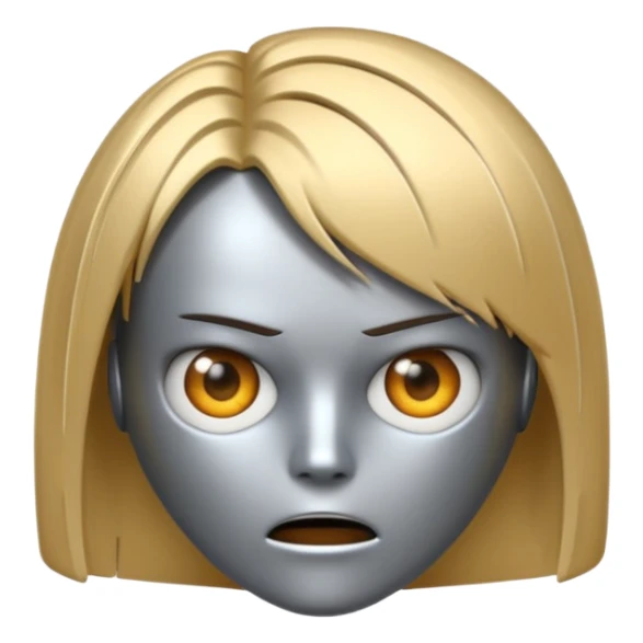 Robot emoji with angry facial expression, make it look comically robotic (closer to Robot than Human), it should have human-like hair, in a short tapered asymmetric bob shape sticker