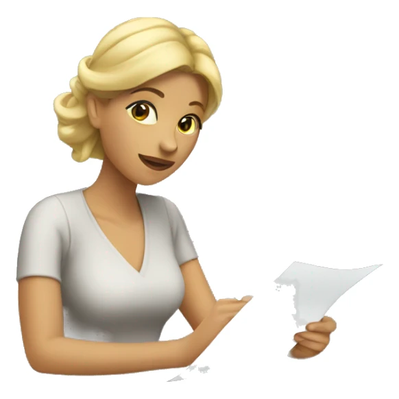 a blonde woman writing a note on her office
 sticker