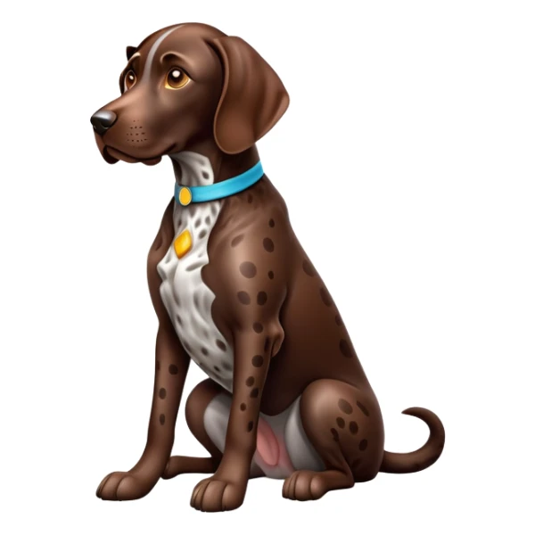 cinematic-[german pointer]-realistic-full-body-sitting-emoji,-tail-resting-loosely-beside-its-paws,-head-tilted-dramatically,-sleek-[brown spotted]-fur,-simplified-yet-realistic-focused-features,-highly-detailed,-glowing-with-an-almost-sarcastic-glow sticker