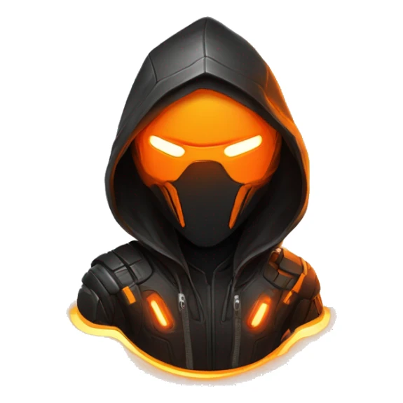  developer behind his laptop with this style : crysis Cyberpunk Valorant orange glowing bright orange character orange black hooded assassin themed character sticker