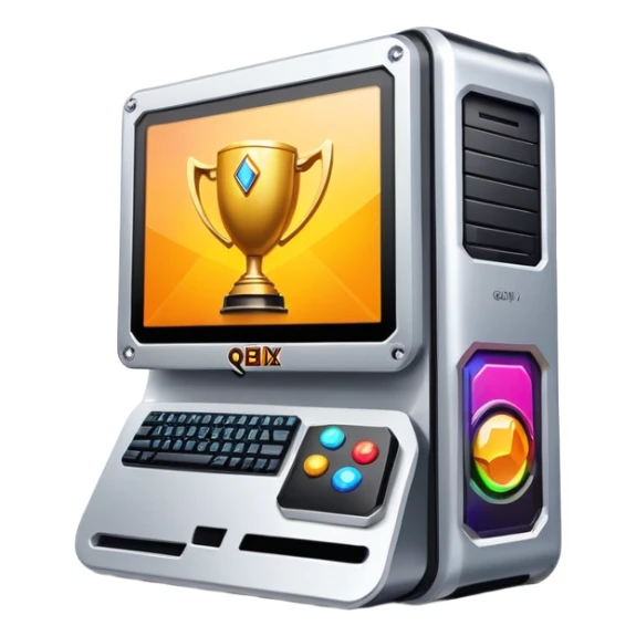 Gaming computer with qbix88 logo, popular online gaming platform with trophy and expert player badge sticker